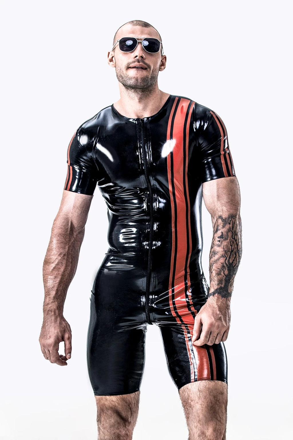 Black, trim color is Red Male Vertical Stripes Latex Surfsuit