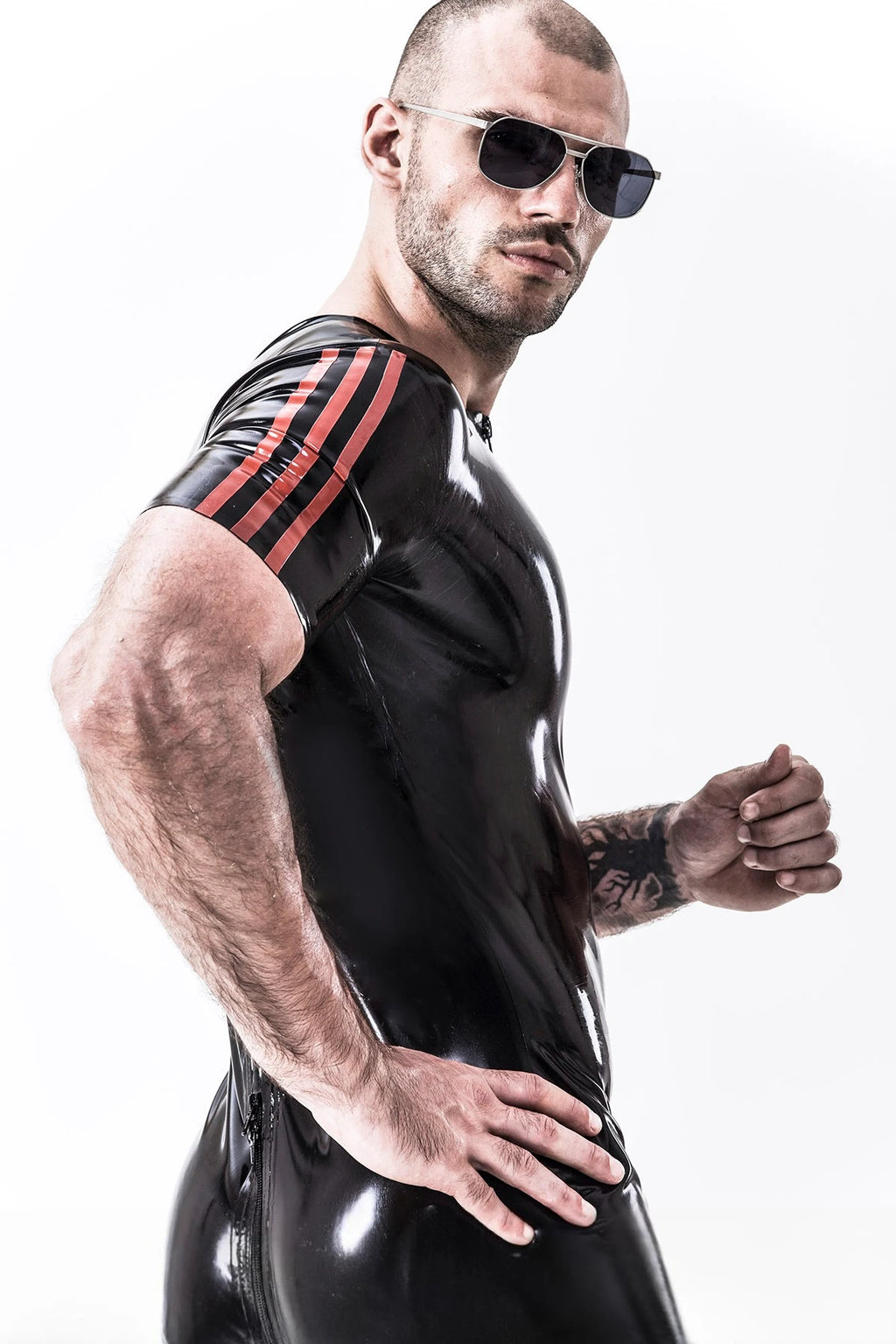 Black, trim color is Red Male Vertical Stripes Latex Surfsuit