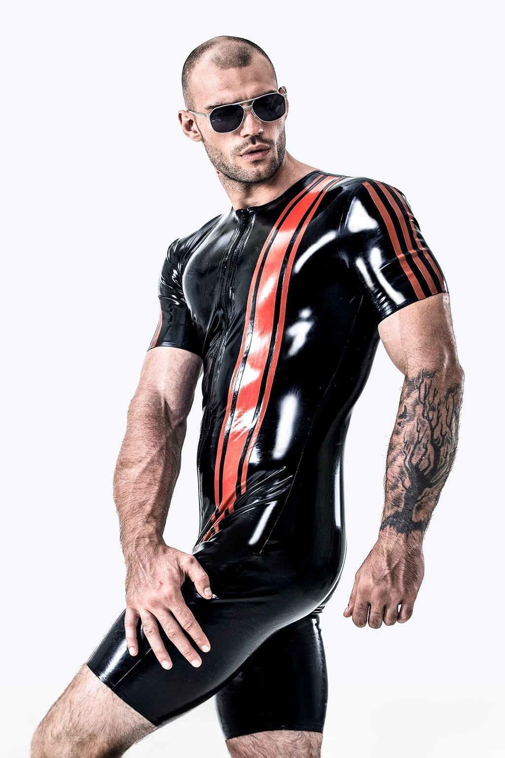 Black, trim color is Red Male Vertical Stripes Latex Surfsuit