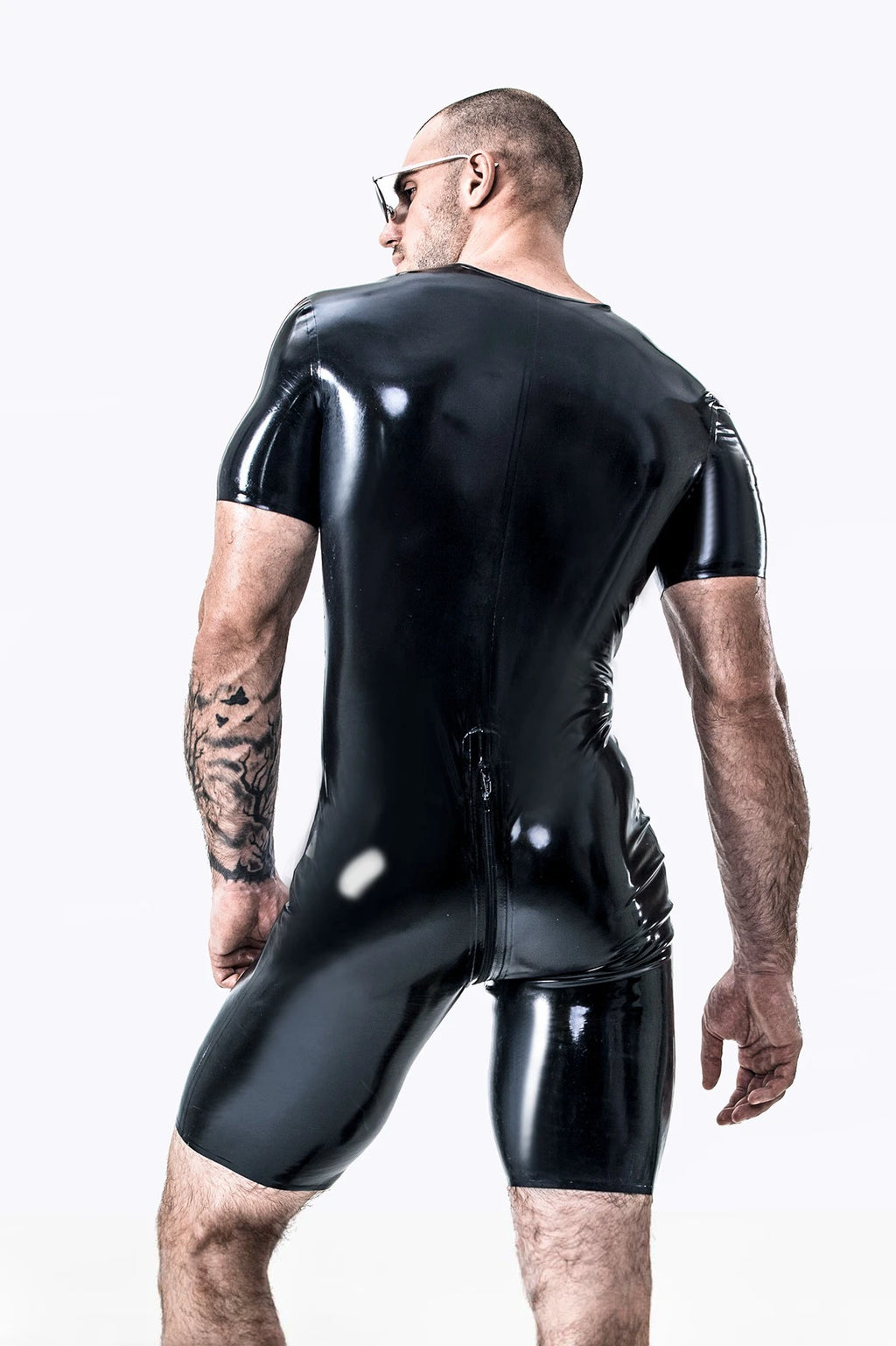 Black, trim color is Red Male Vertical Stripes Latex Surfsuit