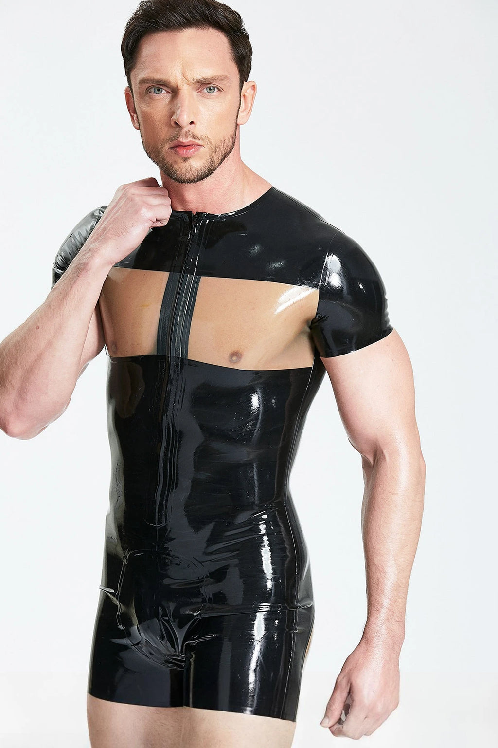 Black Male Latex 'Windows' Short-Sleeved & Short-Legged Surfsuit