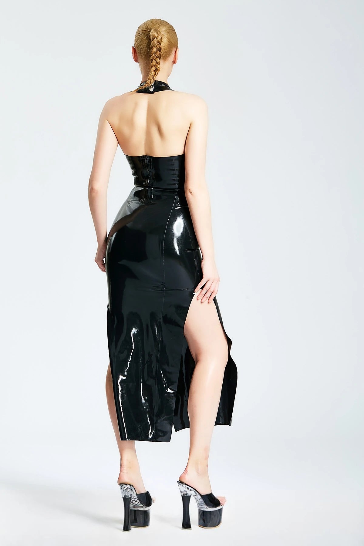 Black, trim color is 'Vivian' Deep V Halter-neck Latex Midi Dress