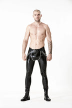 Black, trim color is White Male Latex Chaps Look Jeans