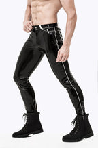 Black, trim color is White Male Contrasting Trim Latex Jeans