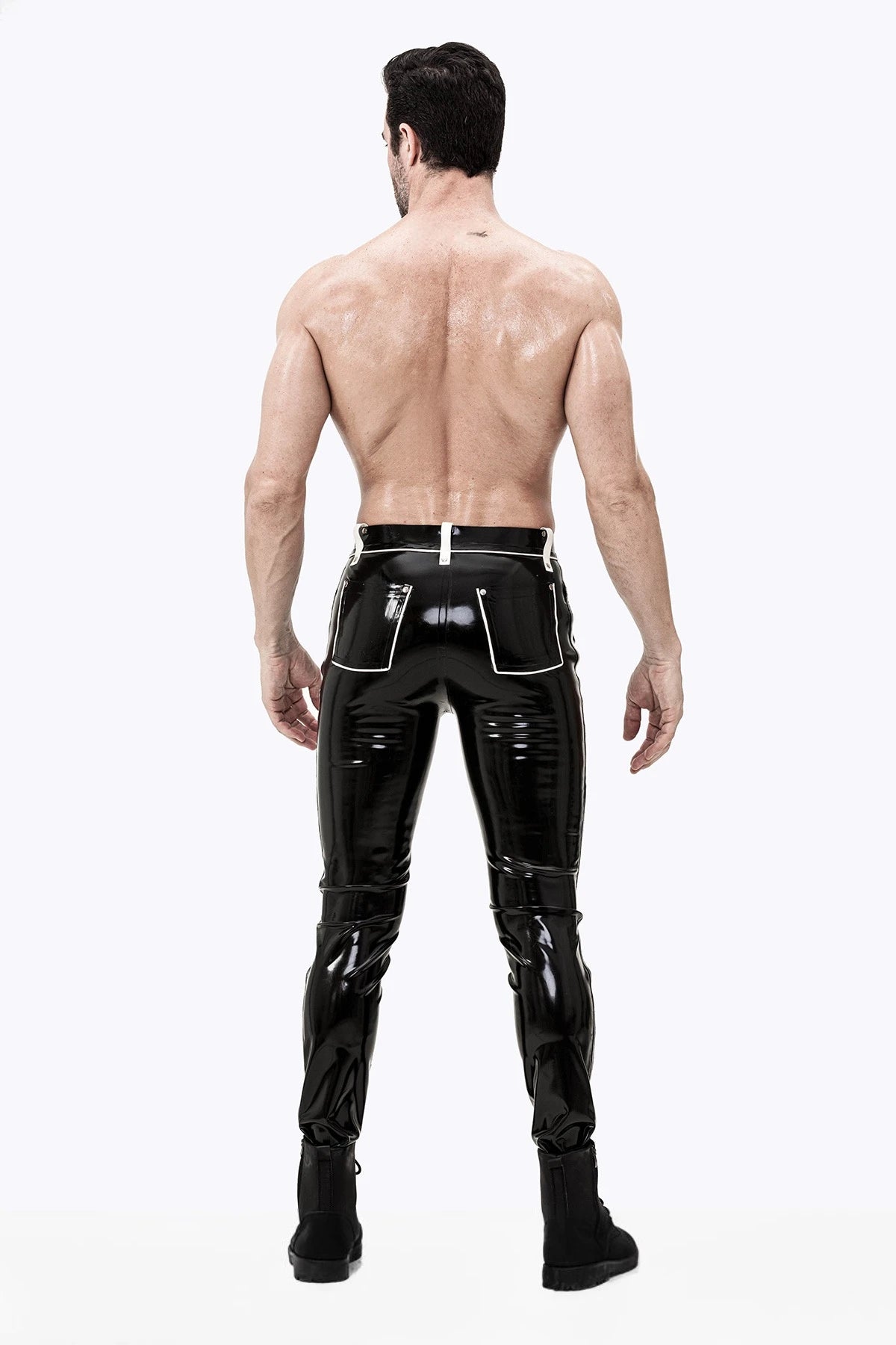Black, trim color is White Male Contrasting Trim Latex Jeans