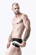 Black, trim color is White Male Latex 'Stripes Ahoy' Brief