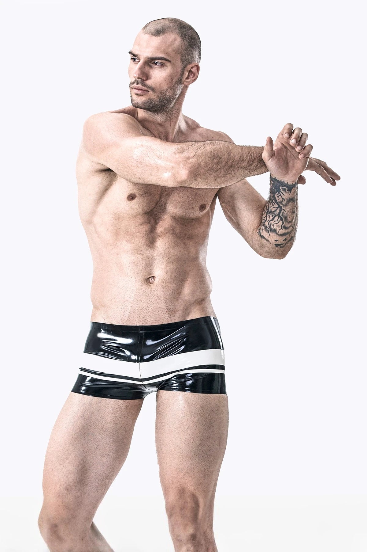 Black, trim color is White Male Latex 'Stripes Ahoy' Brief
