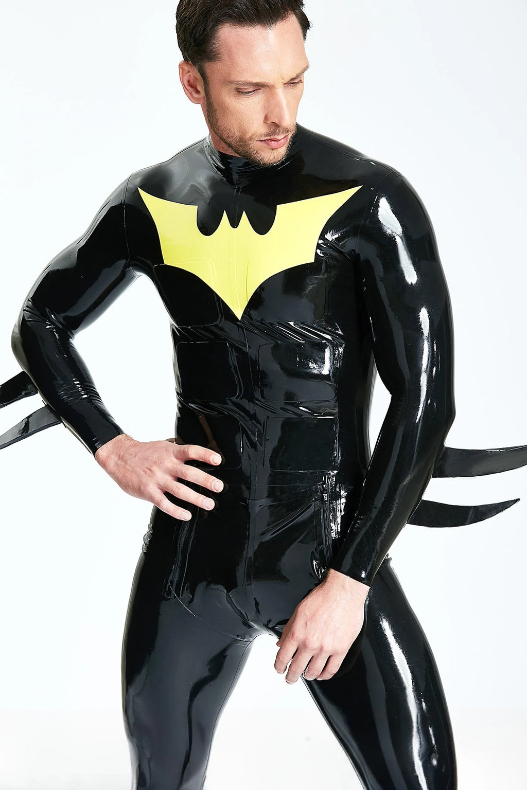 Black, trim color is Yellow Male 'Batwing' Sailor-front Latex Catsuit