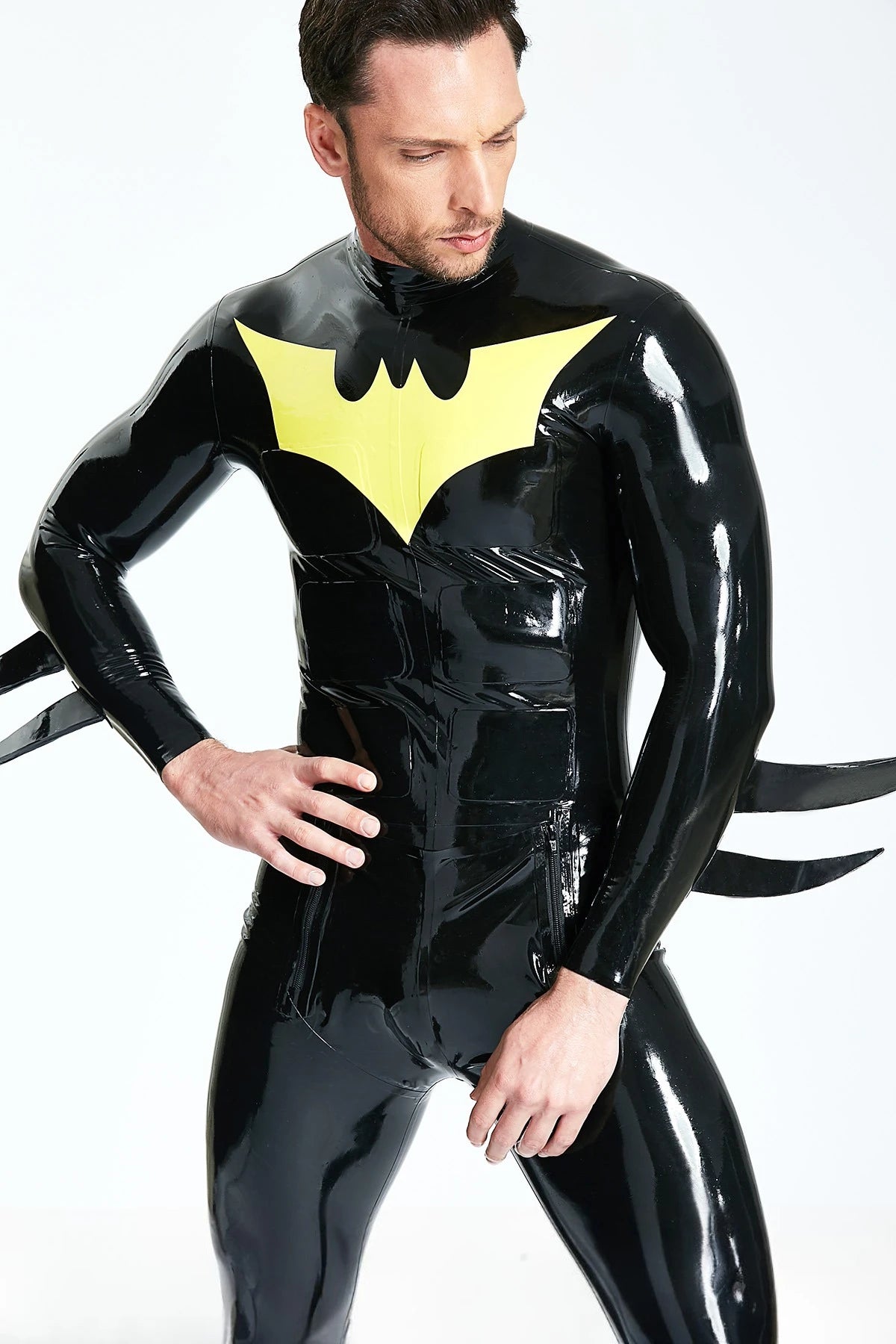 Black, trim color is Yellow Male 'Batwing' Sailor-front Latex Catsuit