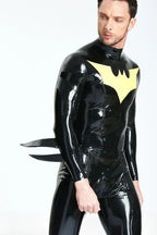 Black, trim color is Yellow Male 'Batwing' Sailor-front Latex Catsuit