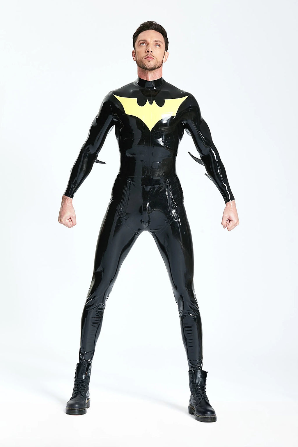 Black, trim color is Yellow Male 'Batwing' Sailor-front Latex Catsuit