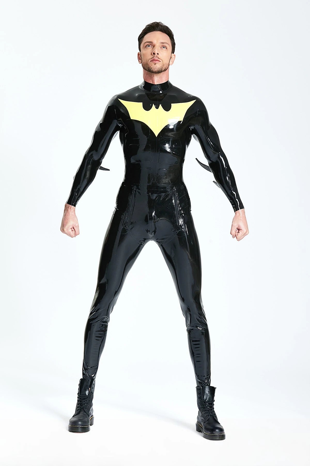Black, trim color is Yellow Male 'Batwing' Sailor-front Latex Catsuit