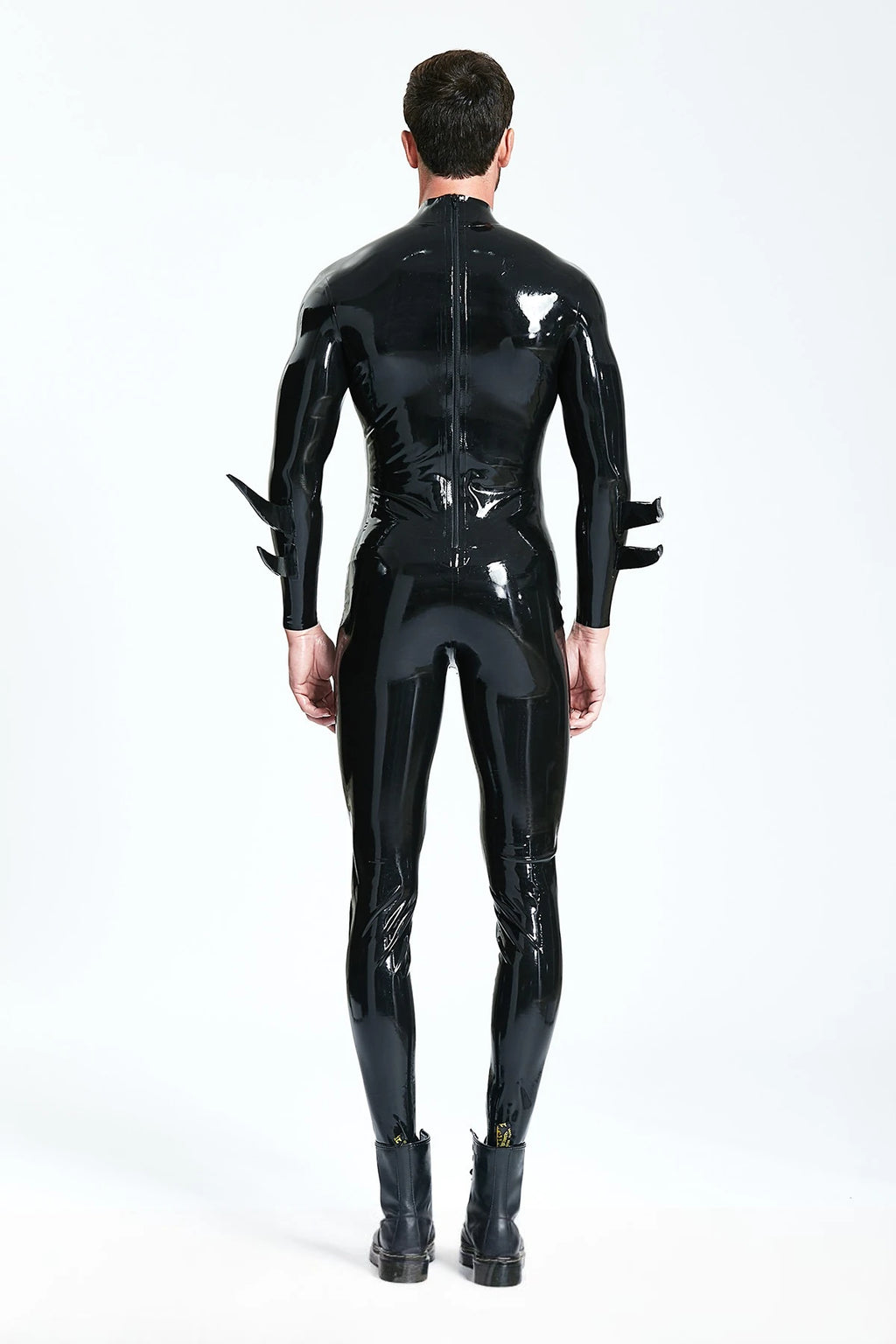 Black, trim color is Yellow Male 'Batwing' Sailor-front Latex Catsuit