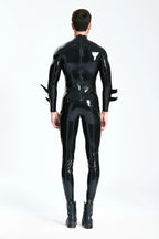 Black, trim color is Yellow Male 'Batwing' Sailor-front Latex Catsuit