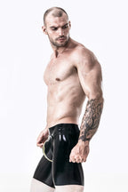 Black, trim color is Yellow Male Latex Codpiece Shorts