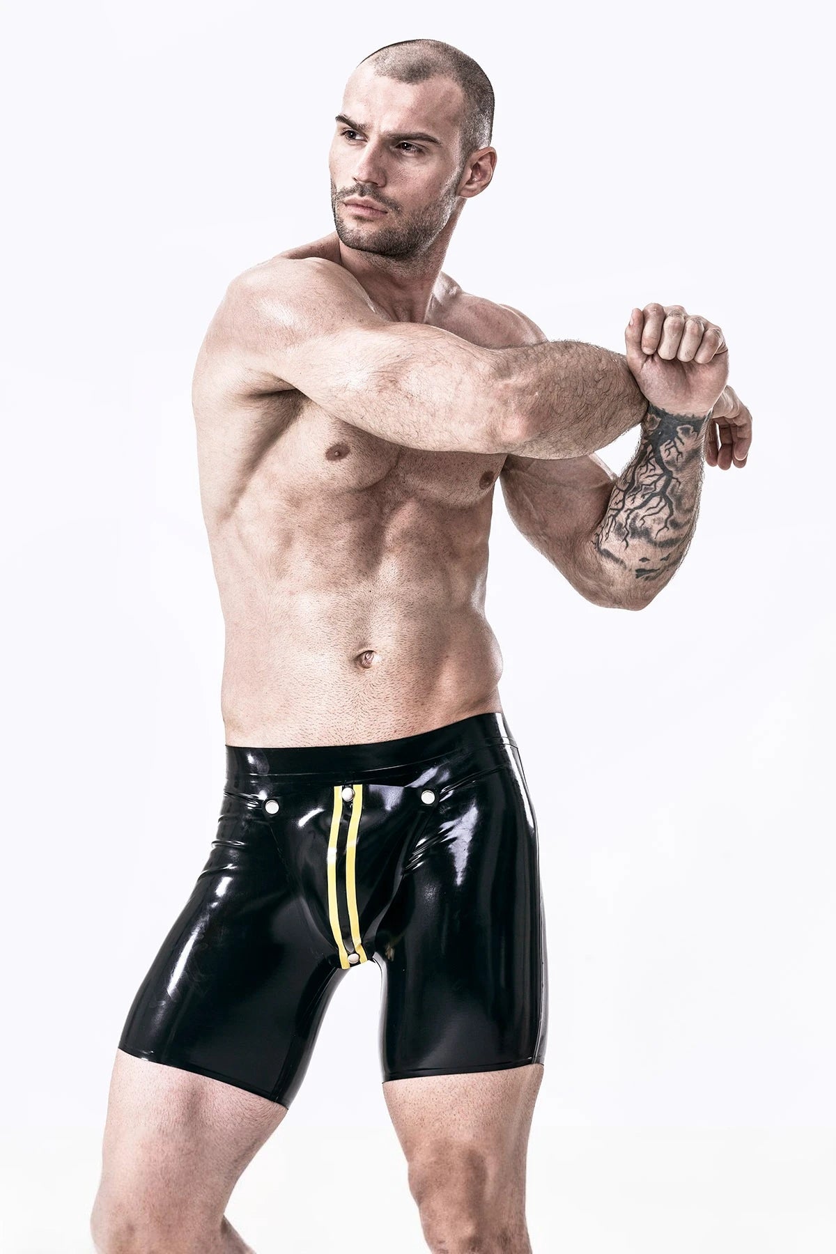 Black, trim color is Yellow Male Latex Codpiece Shorts