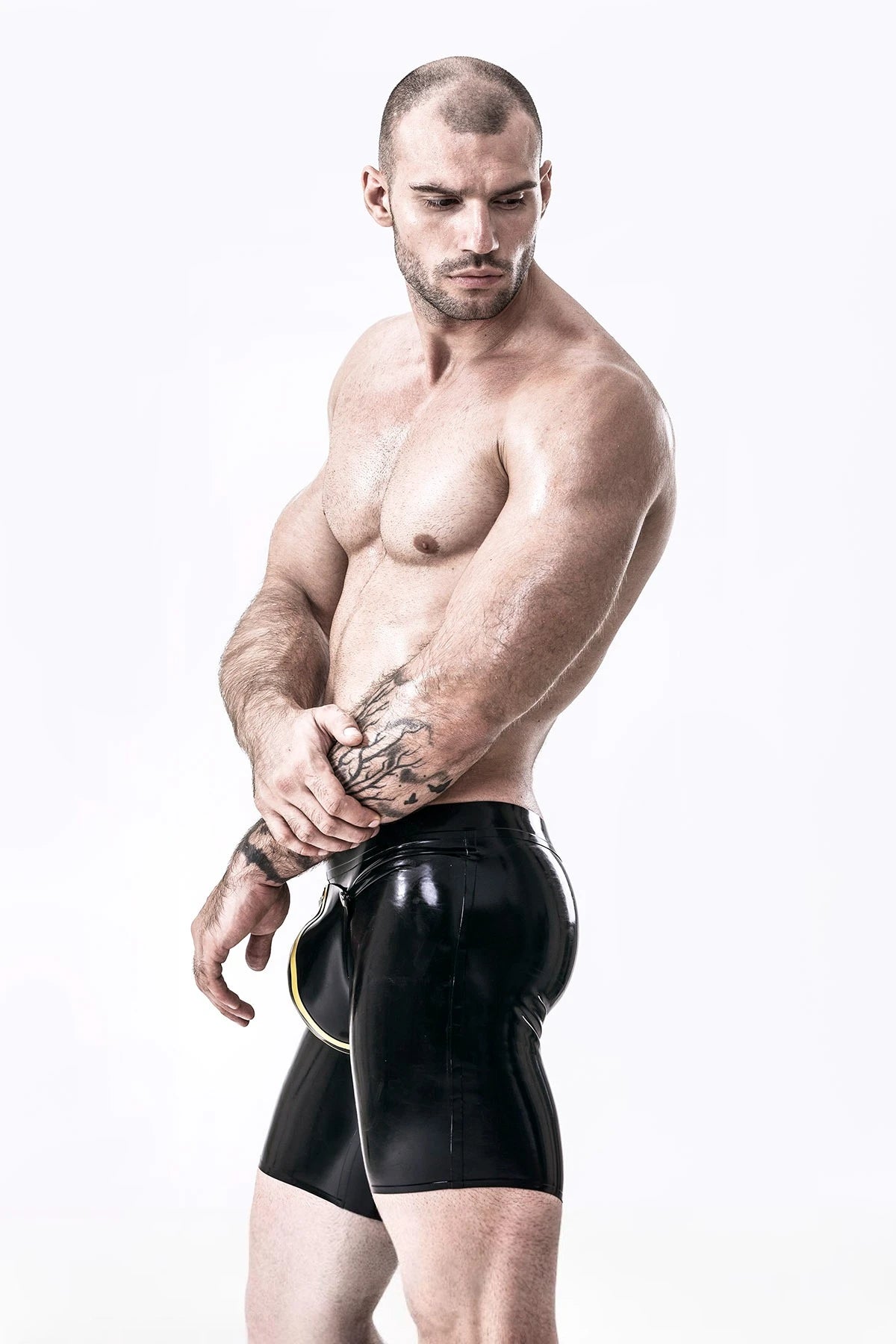 Black, trim color is Yellow Male Latex Codpiece Shorts