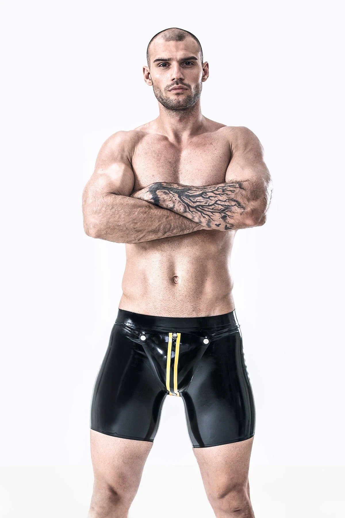 Black, trim color is Yellow Male Latex Codpiece Shorts
