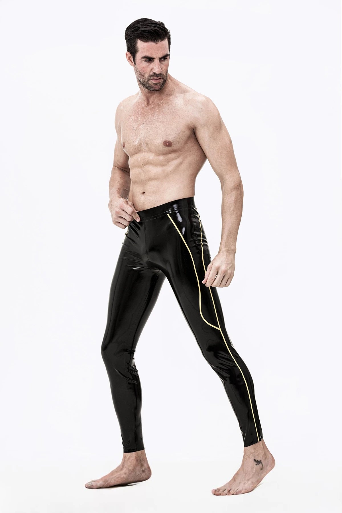 Black Male Contrast Color Striped Latex Leggings