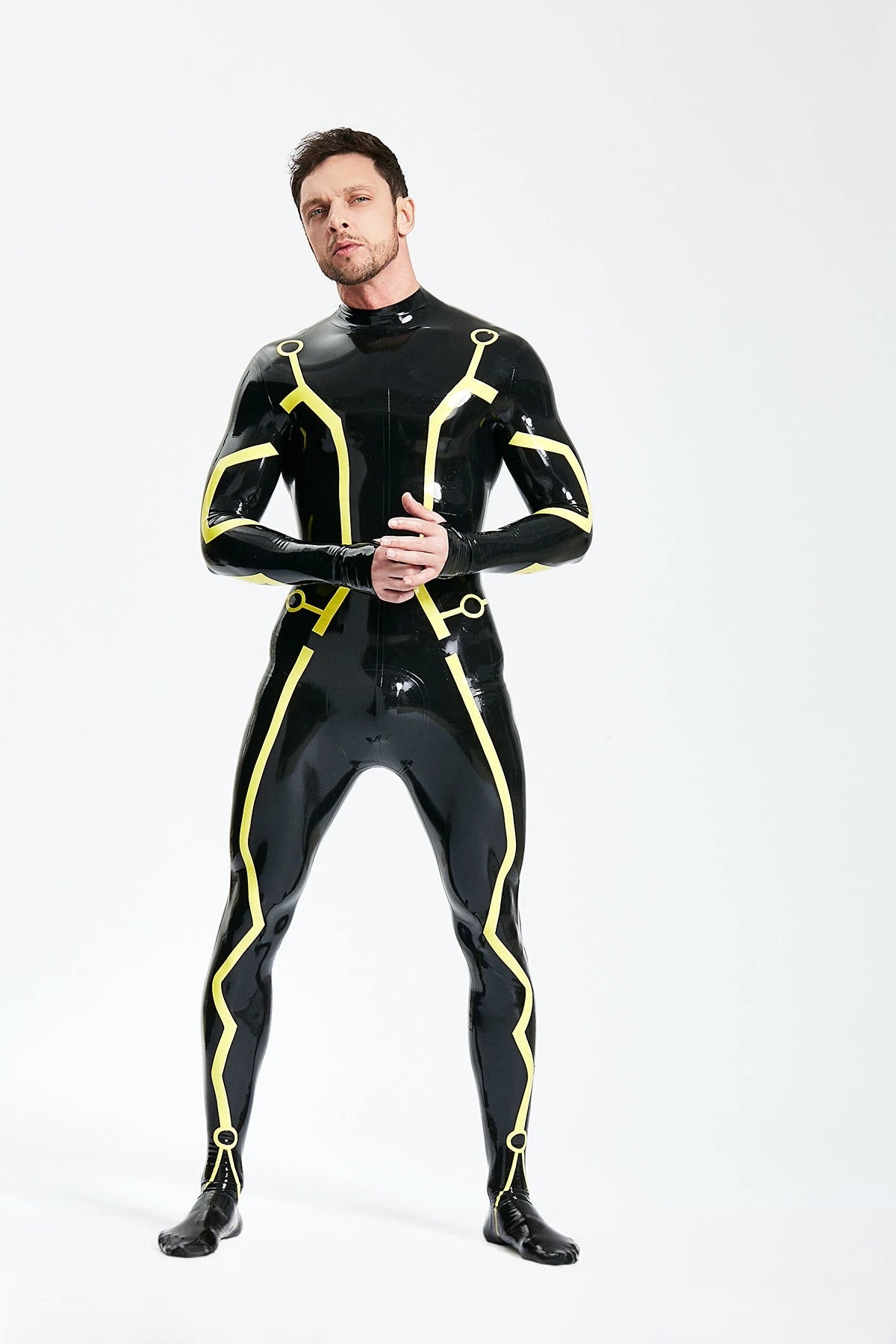 Black, trim color is Yellow Male 'Digi-Tron' Latex Catsuit