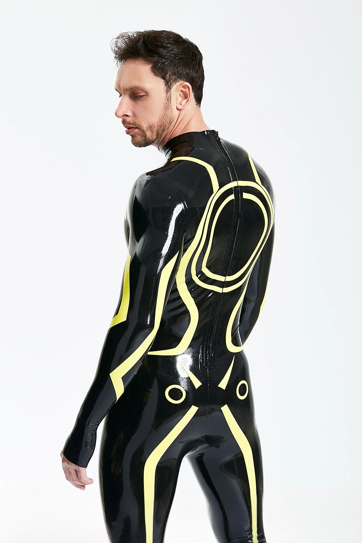 Black, trim color is Yellow Male 'Digi-Tron' Latex Catsuit