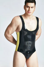Black, trim color is Yellow Male High-Cut Gymnastic Latex Leotard
