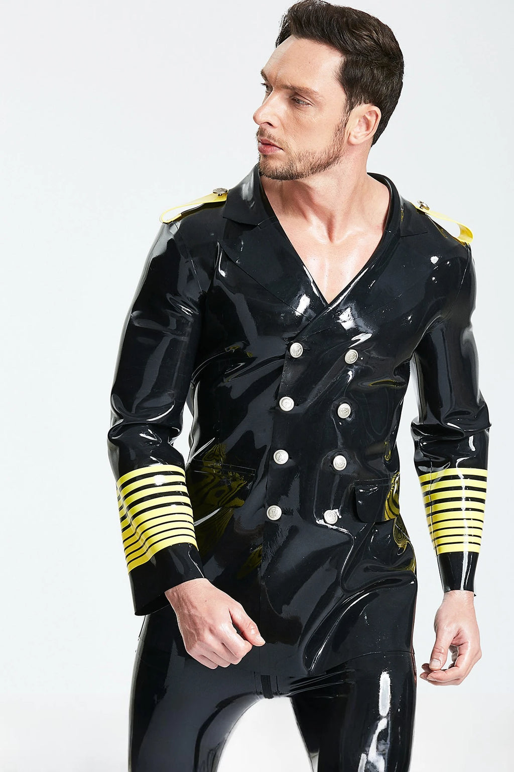 Black Male Military Style Double-Breasted Short Latex Coat