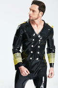 Black Male Military Style Double-Breasted Short Latex Coat