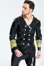 Black Male Military Style Double-Breasted Short Latex Coat