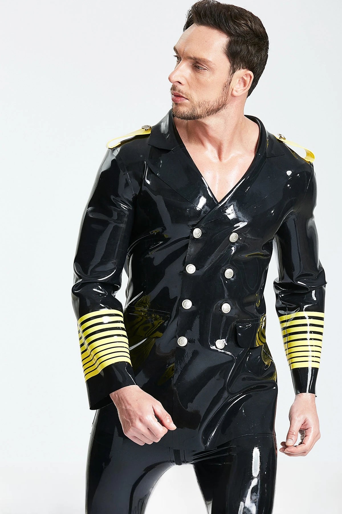Black Male Military Style Double-Breasted Short Latex Coat