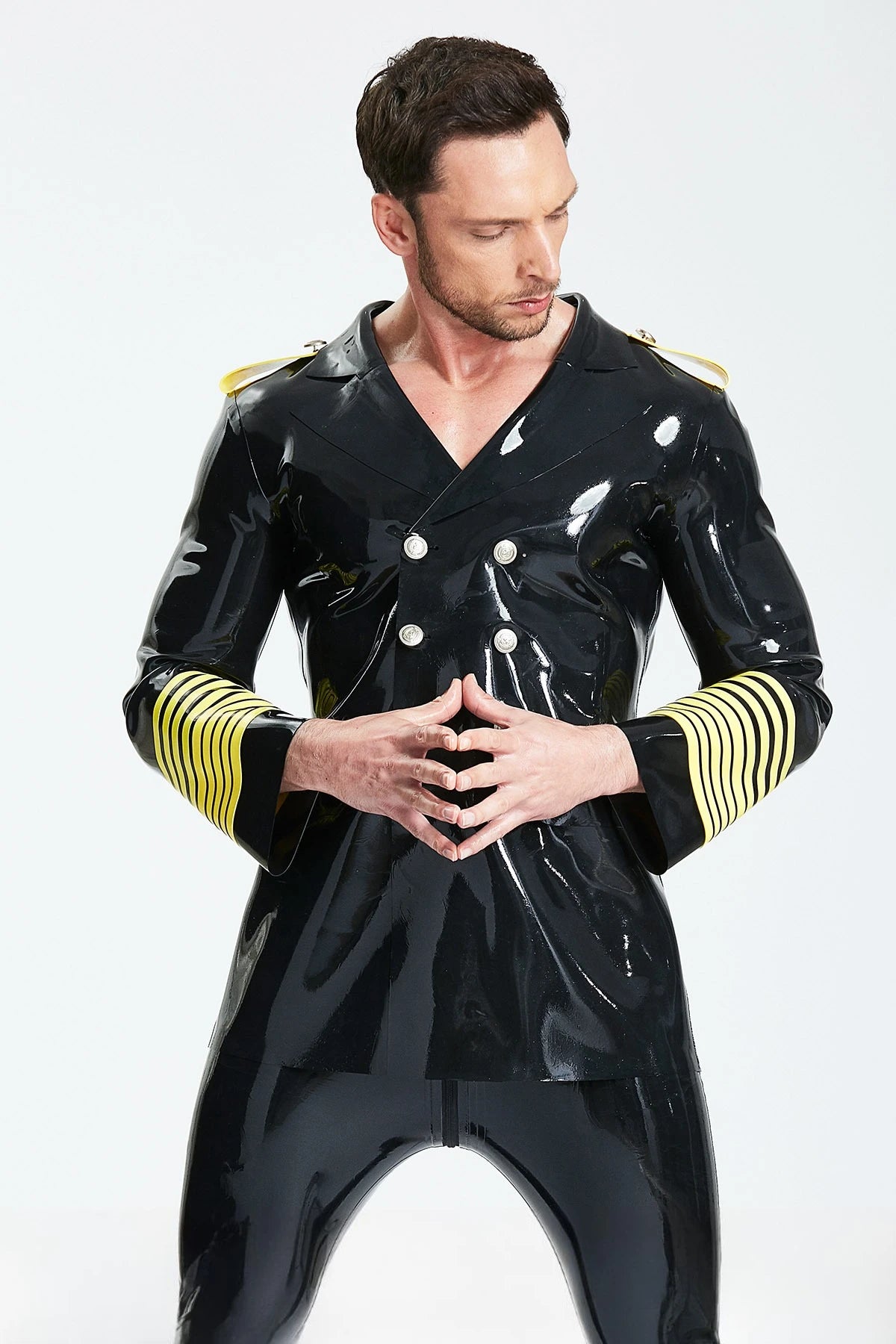 Black Male Military Style Double-Breasted Short Latex Coat