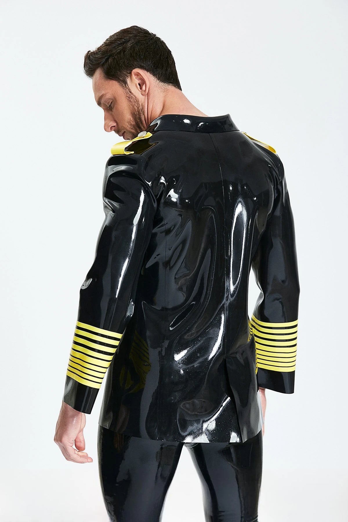 Black Male Military Style Double-Breasted Short Latex Coat