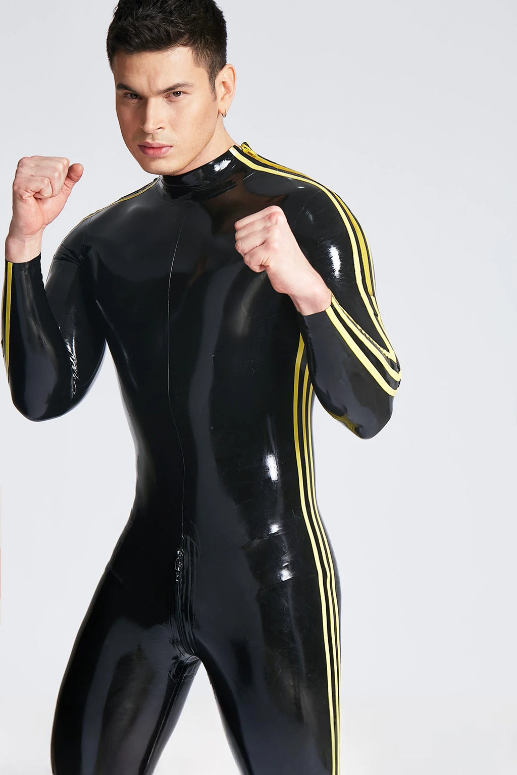 Black Male 'Triple-Striper' Shoulder-Zipper Latex Catsuit