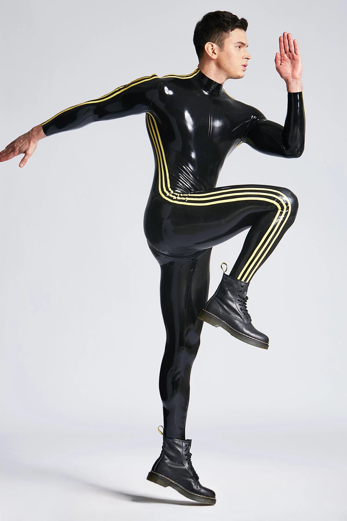 Black Male 'Triple-Striper' Shoulder-Zipper Latex Catsuit