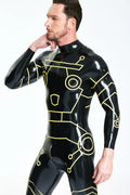 Black, trim color is Yellow Male 'Tronation' Latex Catsuit