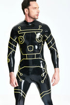 Black, trim color is Yellow Male 'Tronation' Latex Catsuit