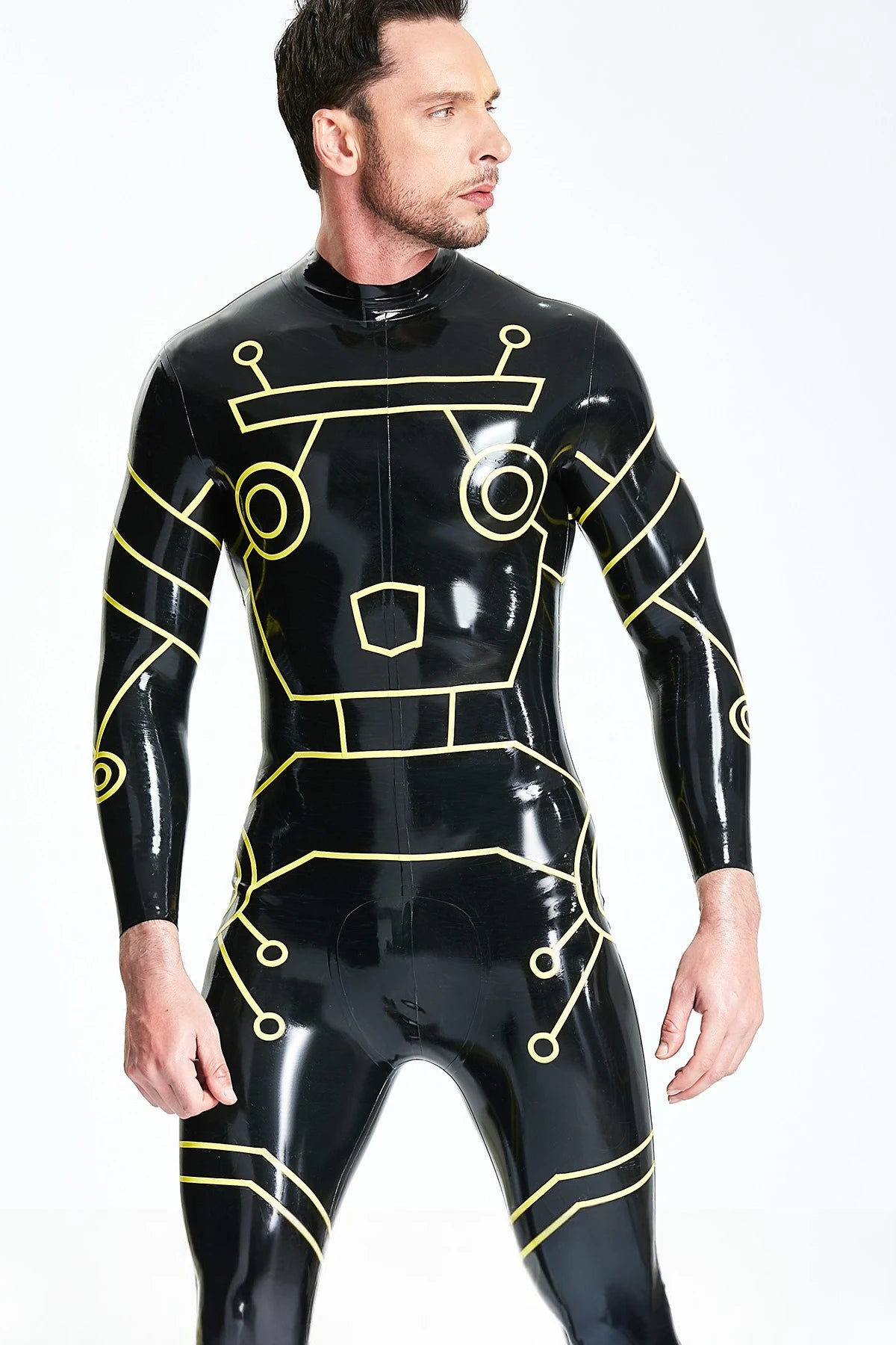 Black, trim color is Yellow Male 'Tronation' Latex Catsuit