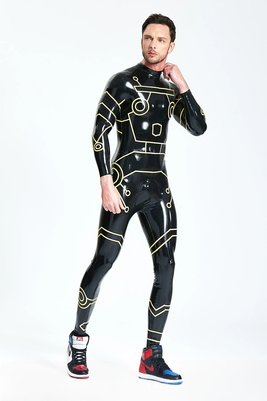 Black, trim color is Yellow Male 'Tronation' Latex Catsuit