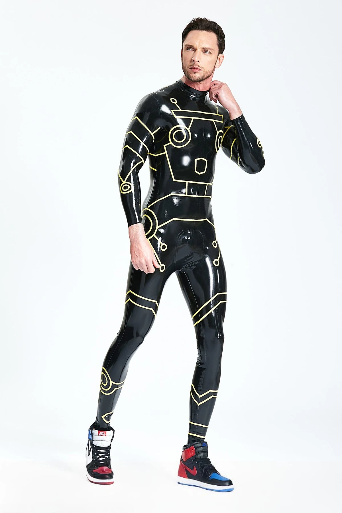 Black, trim color is Yellow Male 'Tronation' Latex Catsuit