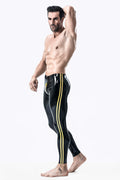 Black, trim color is Yellow Male Two-Stripes Latex Leggings
