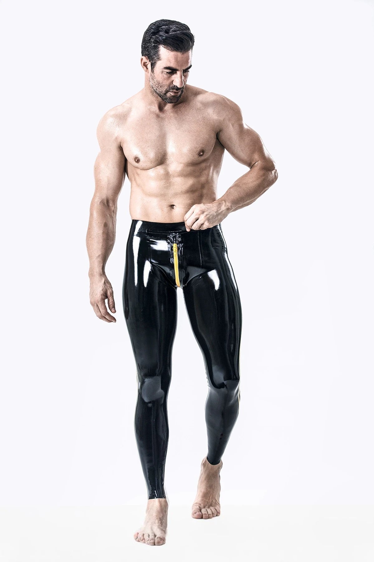 Black, trim color is Yellow Male Two-Stripes Latex Leggings