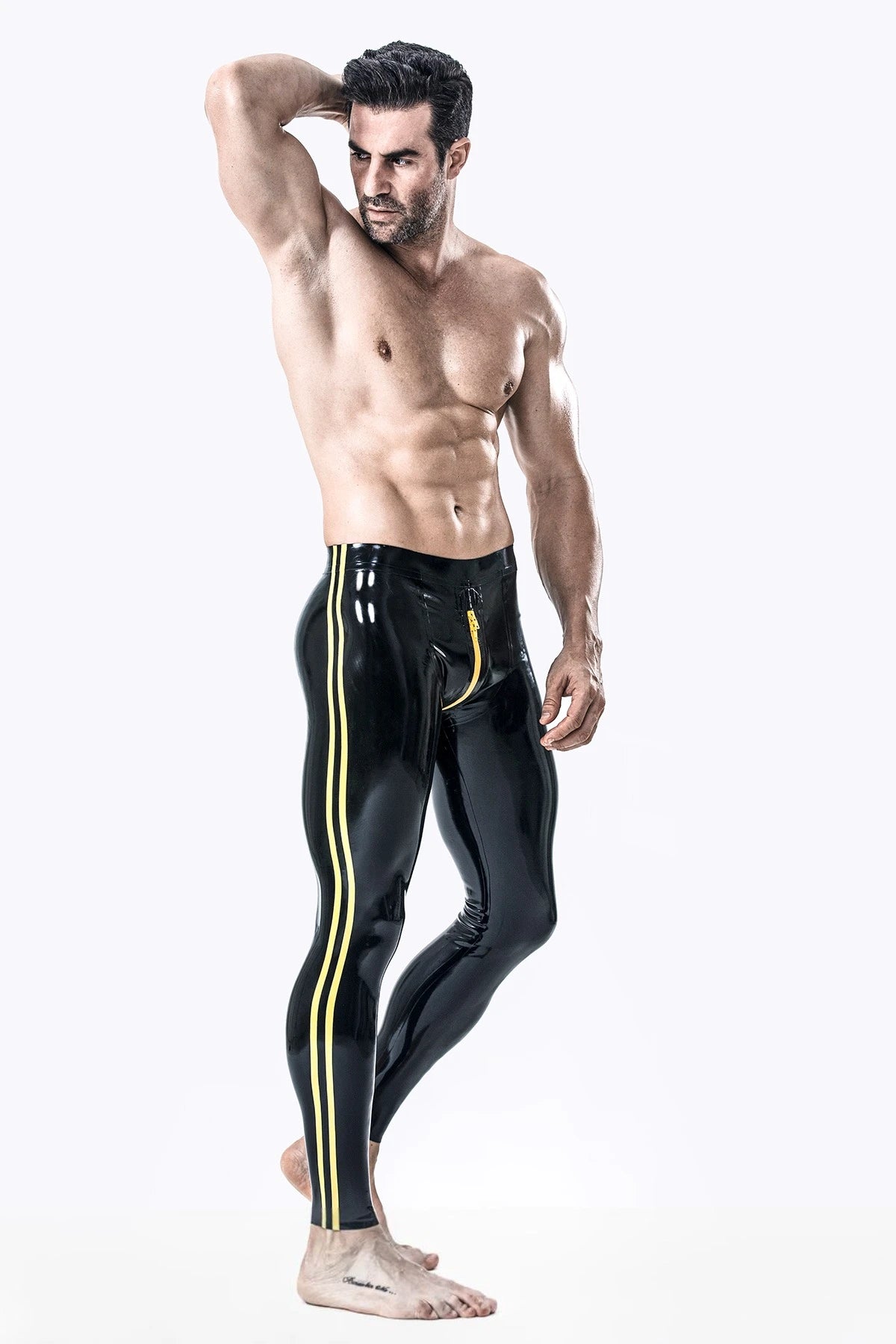 Black, trim color is Yellow Male Two-Stripes Latex Leggings
