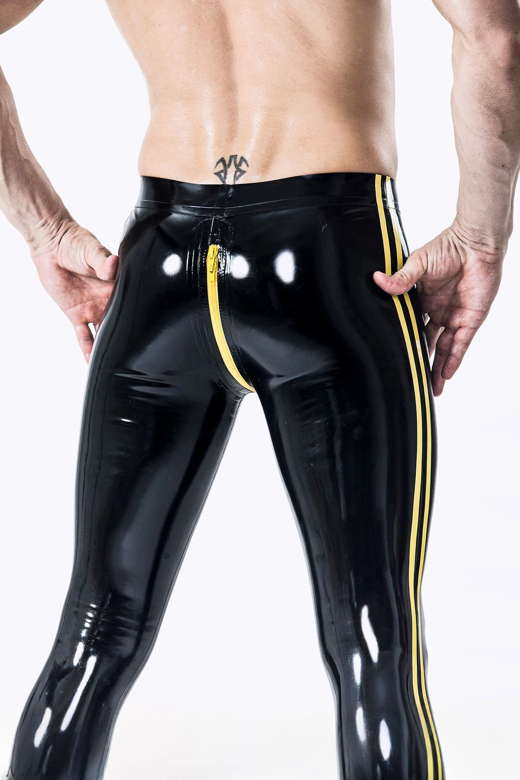 Black, trim color is Yellow Male Two-Stripes Latex Leggings