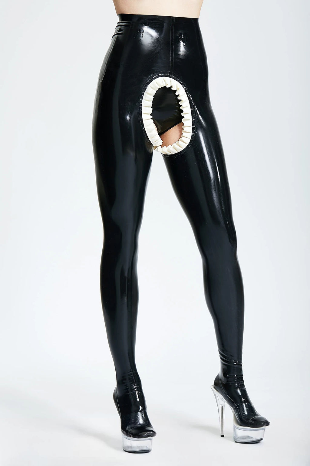 Black, trim is 'Frilly Surprise' High-Waisted Open Crotch Latex Leggings