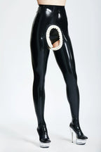 Black, trim is 'Frilly Surprise' High-Waisted Open Crotch Latex Leggings