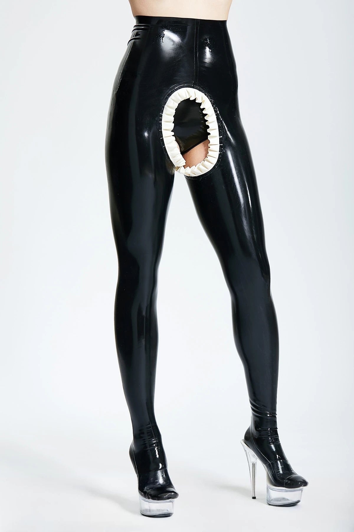 Black, trim is 'Frilly Surprise' High-Waisted Open Crotch Latex Leggings