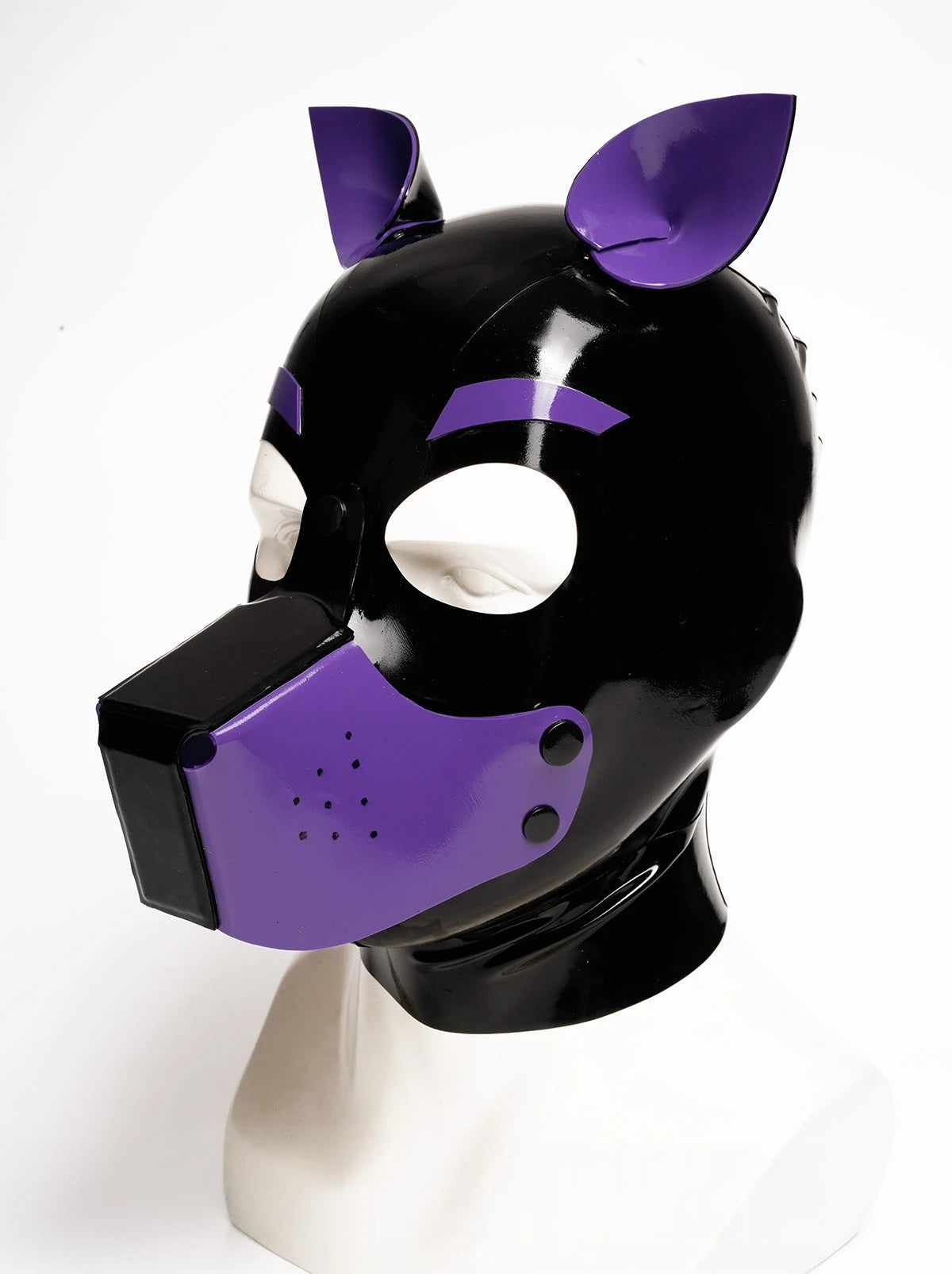 Black, trim is Purple Rubber Puppy Latex Hood