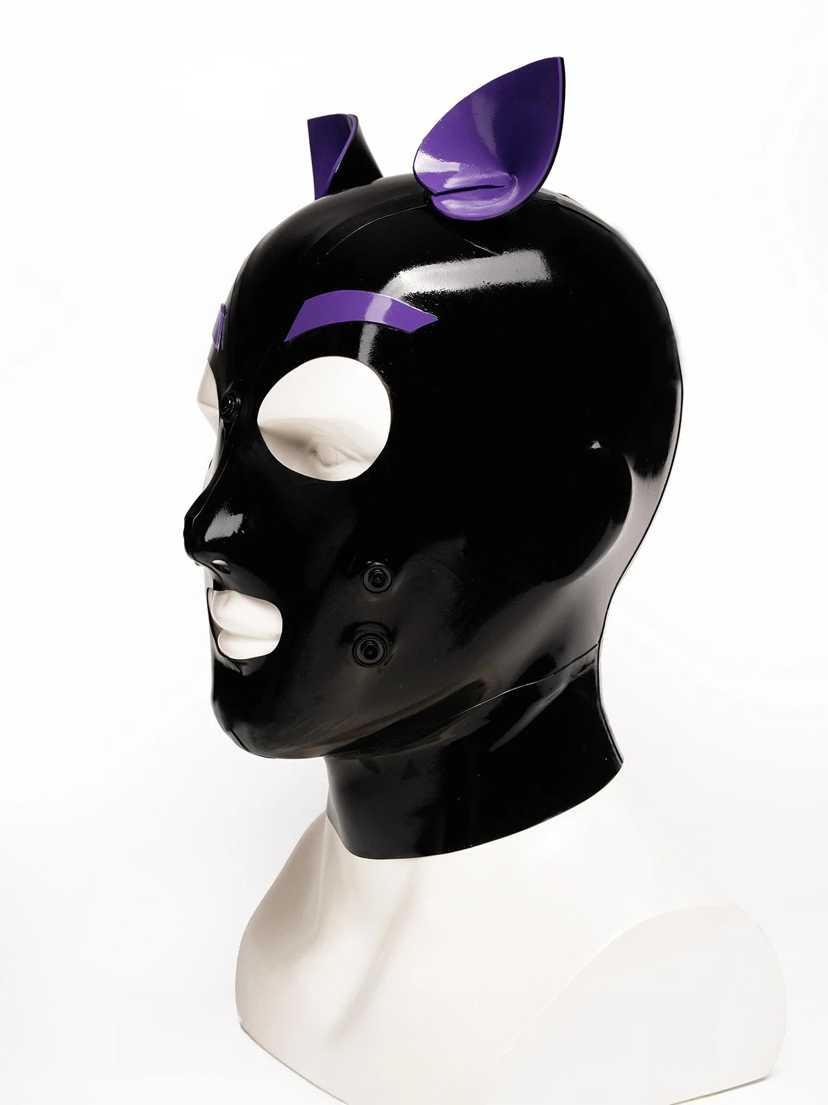 Black, trim is Purple Rubber Puppy Latex Hood