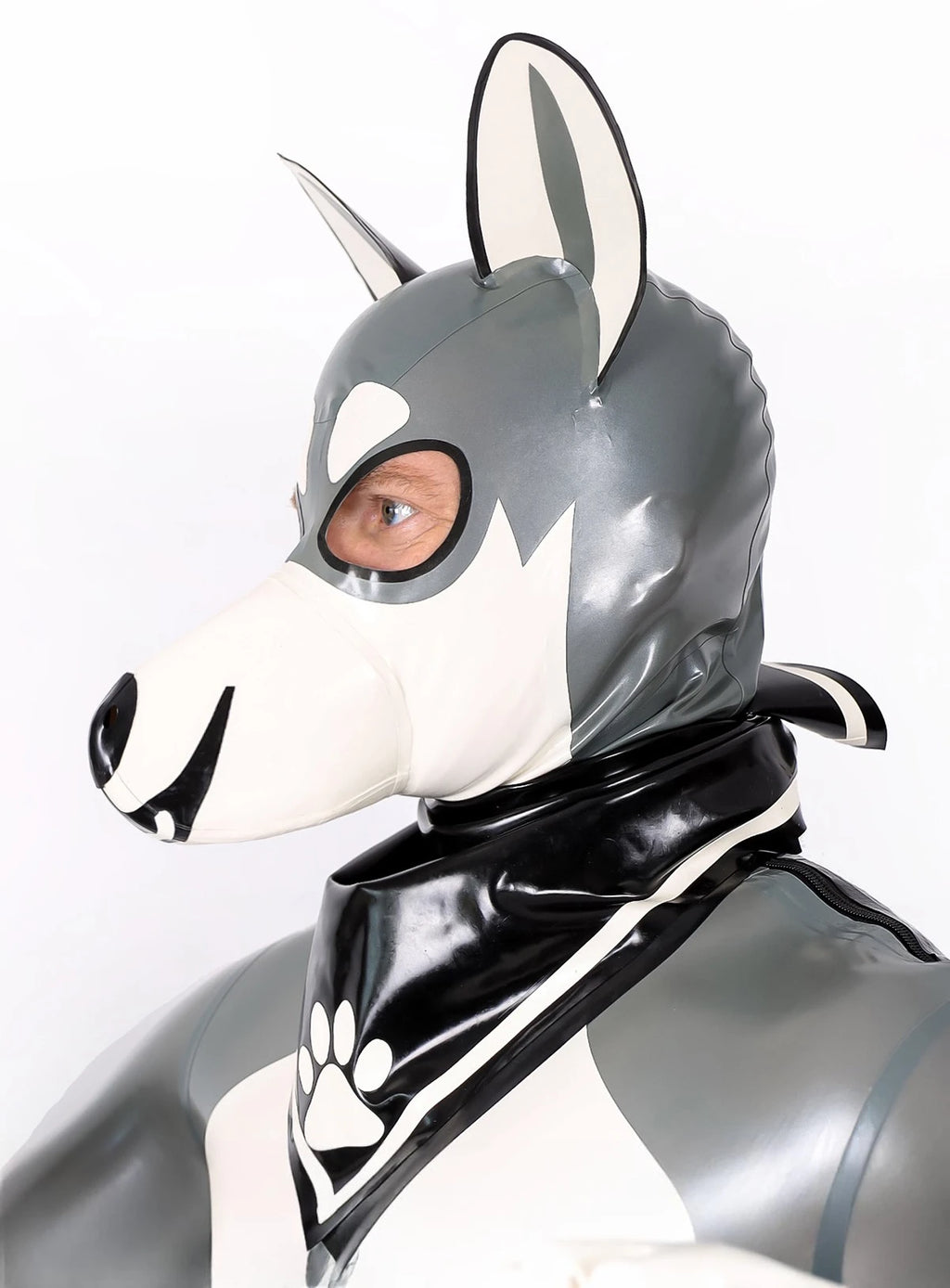 Black, trim is White Male Latex Pup Paw Scarf