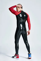 Black Male Through-Zip Raglan-Sleeved Latex Catsuit